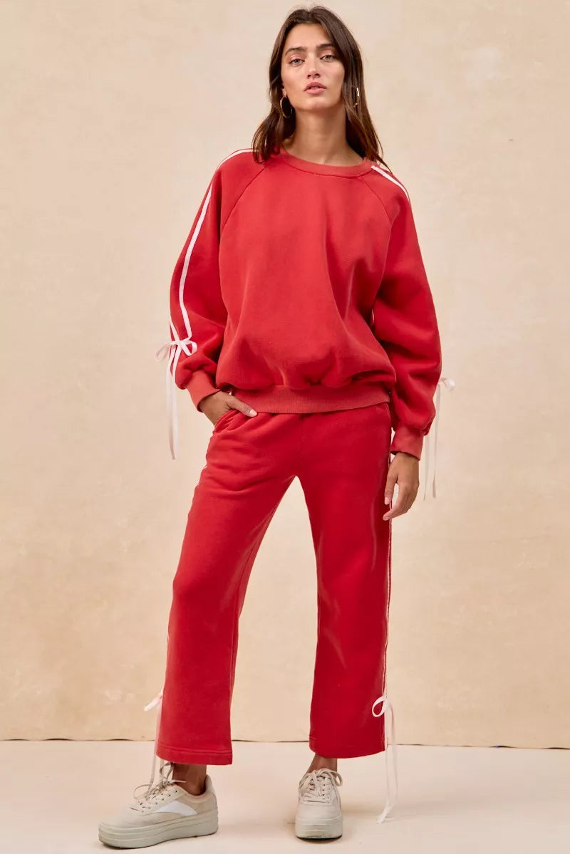 Side Lined Bow Details Fleece Sweatshirt