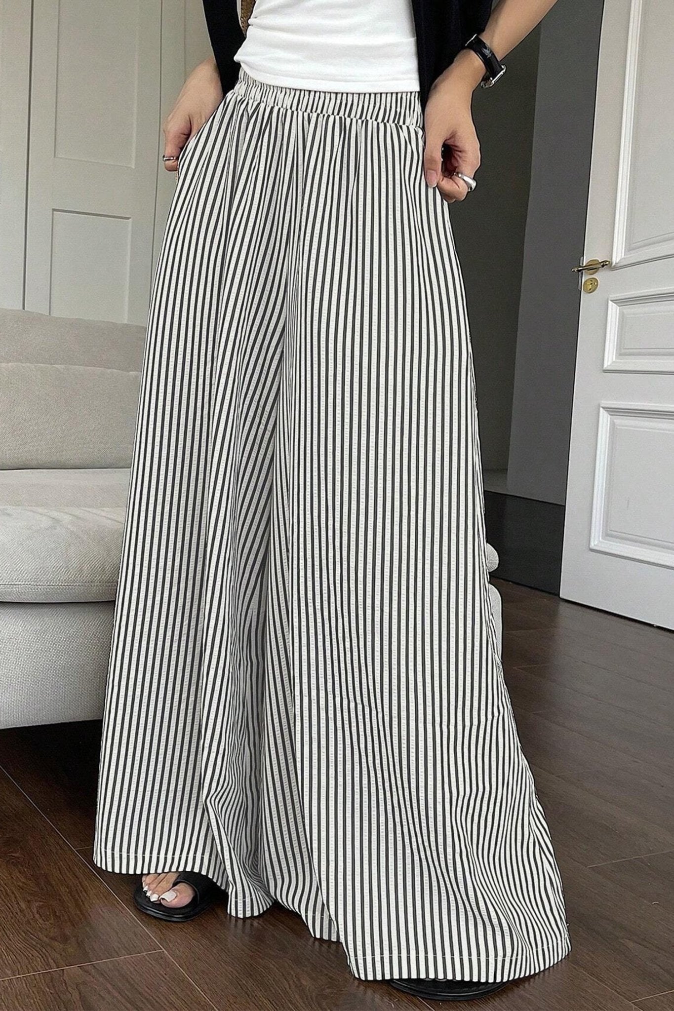 Black Stripe Elastic Waist Ultra Wide Leg Pants - Loving It Shop