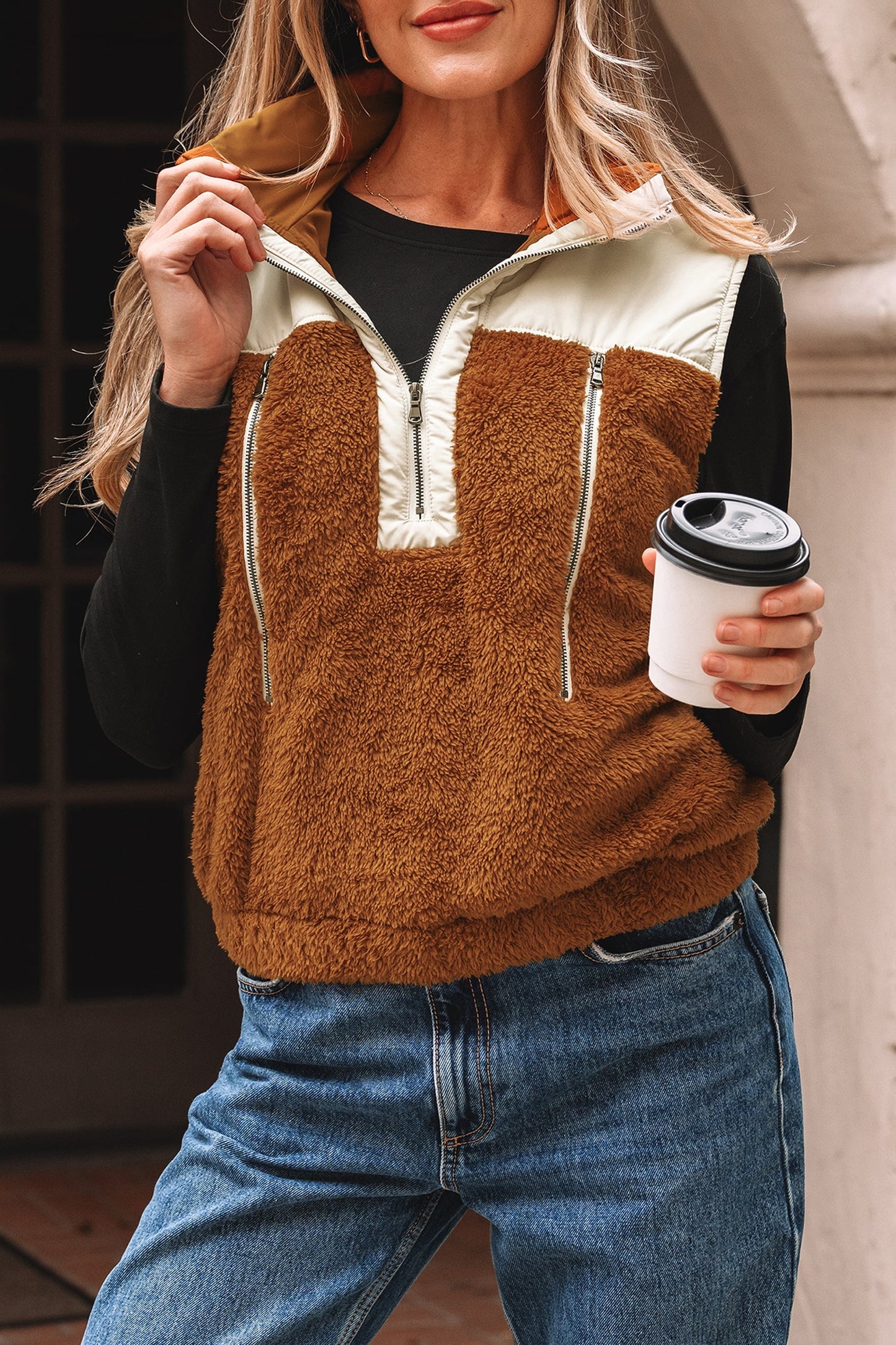 Chestnut Color Block Plush Patchwork Zipper Stand Neck Vest