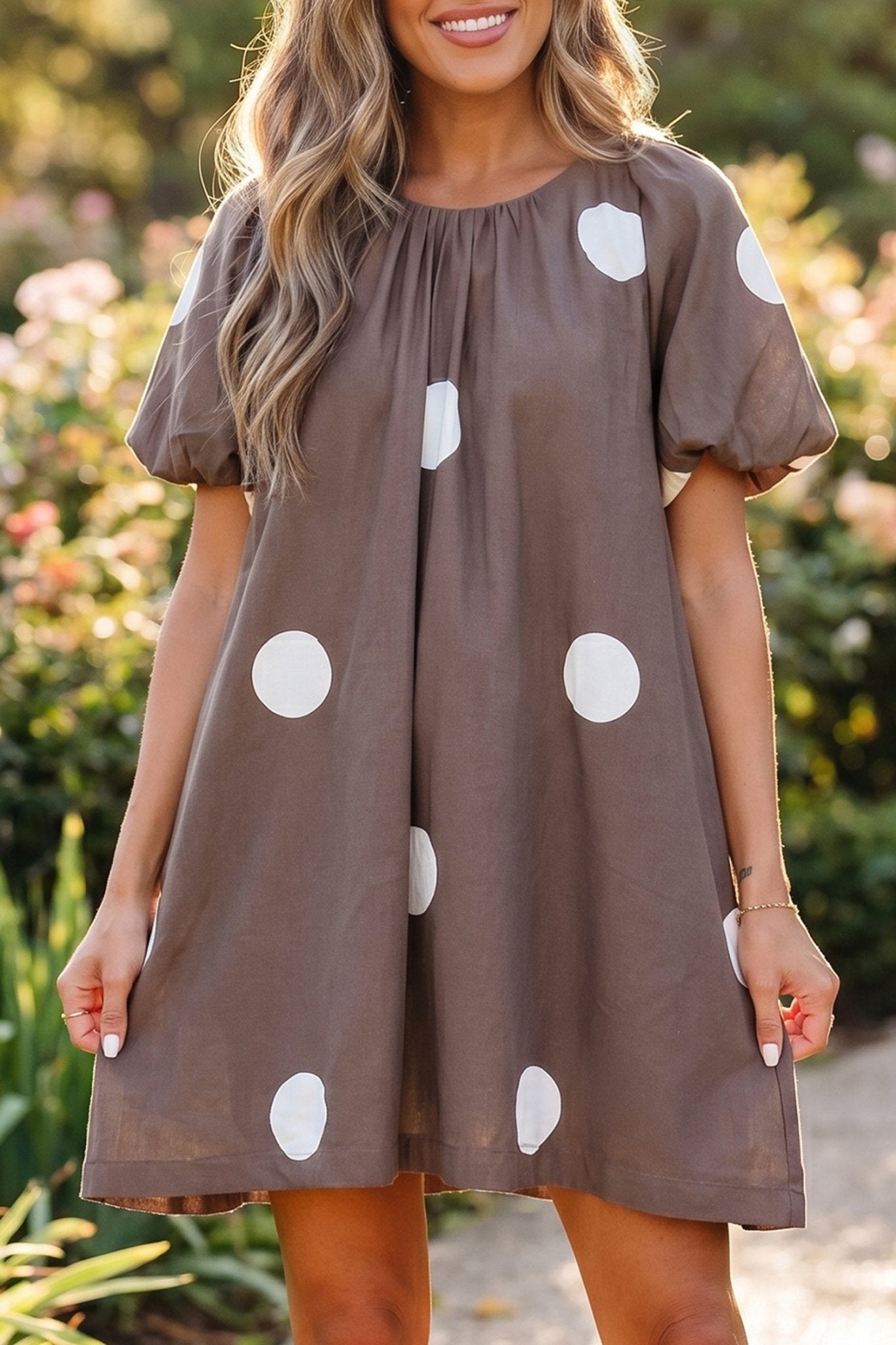Brown Polka Dot Print Knot Back Short Puff Sleeve Loose Mini Dress - Loving It Shop