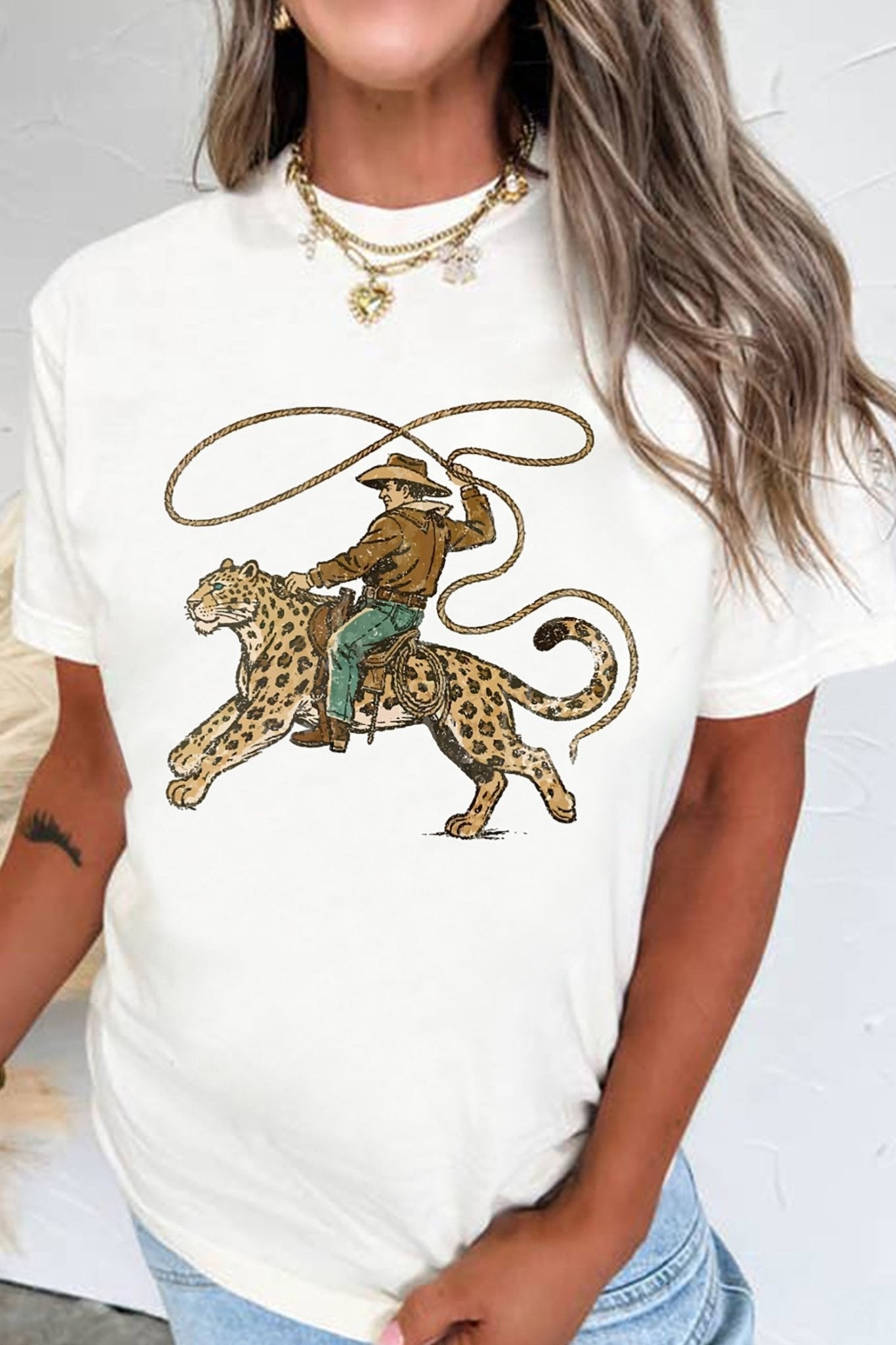 White Leopard Rodeo Cowboy Graphic Casual Tee - Loving It Shop