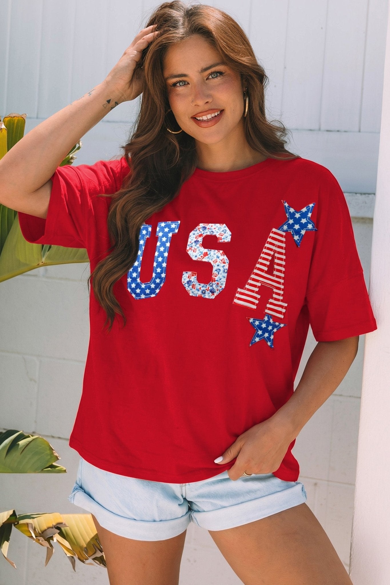 Fiery Red Patriotic USA Slogan Patch Embroidery Short Sleeve T Shirt - Loving It Shop