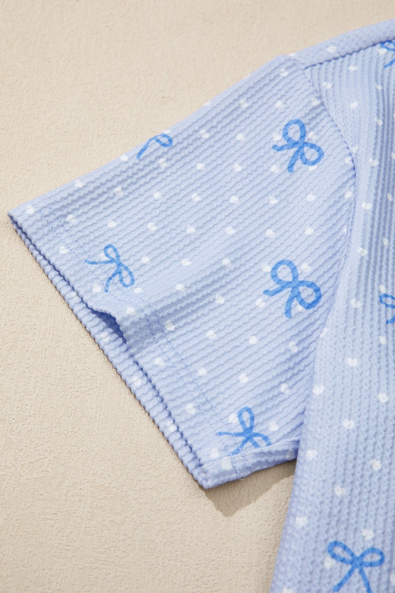 Sky Blue Tiny Heart Bow Print Twisted Rib Loose 2pcs Short Set - Loving It Shop