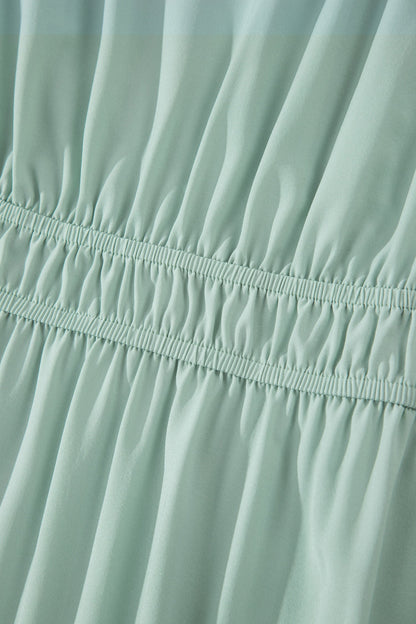 Clearly Aqua Solid Color V Neck Short Puff Sleeve High Waist Tiered Maxi Dress