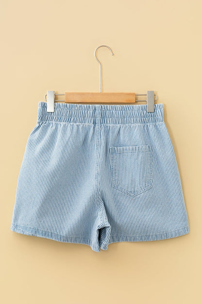 Sky Blue Stripe Drawstring Elastic Waist Casual Denim Shorts - Loving It Shop