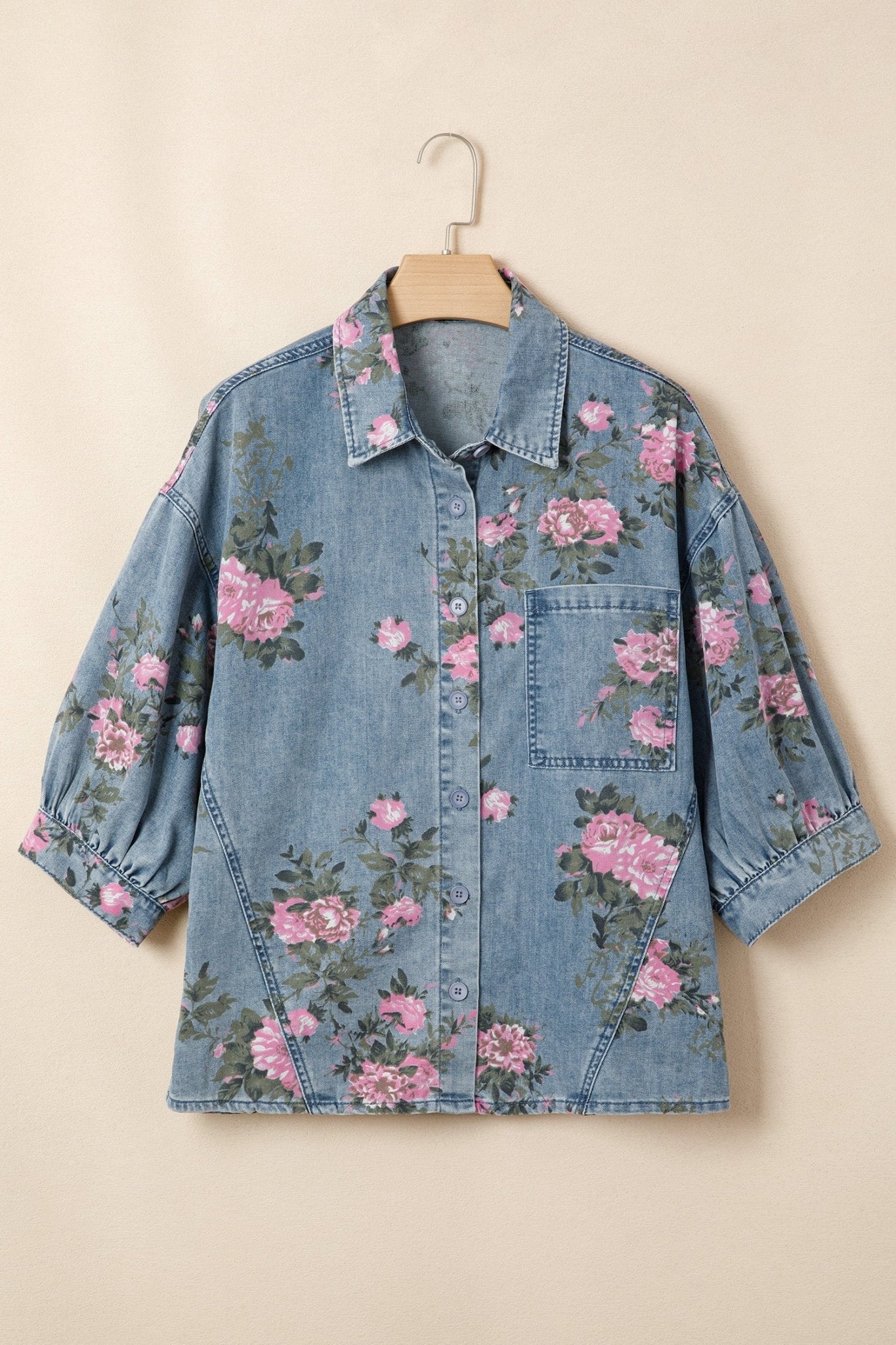 Blue Bracelet Sleeve Floral Denim Shirt - Loving It Shop