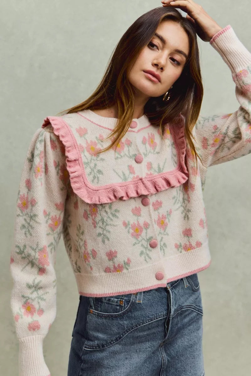 Flower With Ruffle Detailing Sweater Cardigan