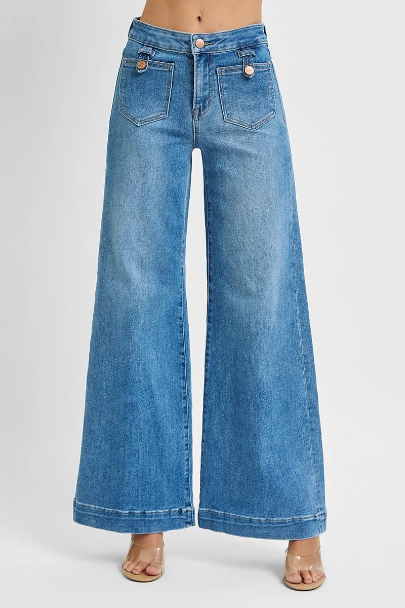 Full Size Mid Rise Wide Front Patch Pocket Jeans Plus Size