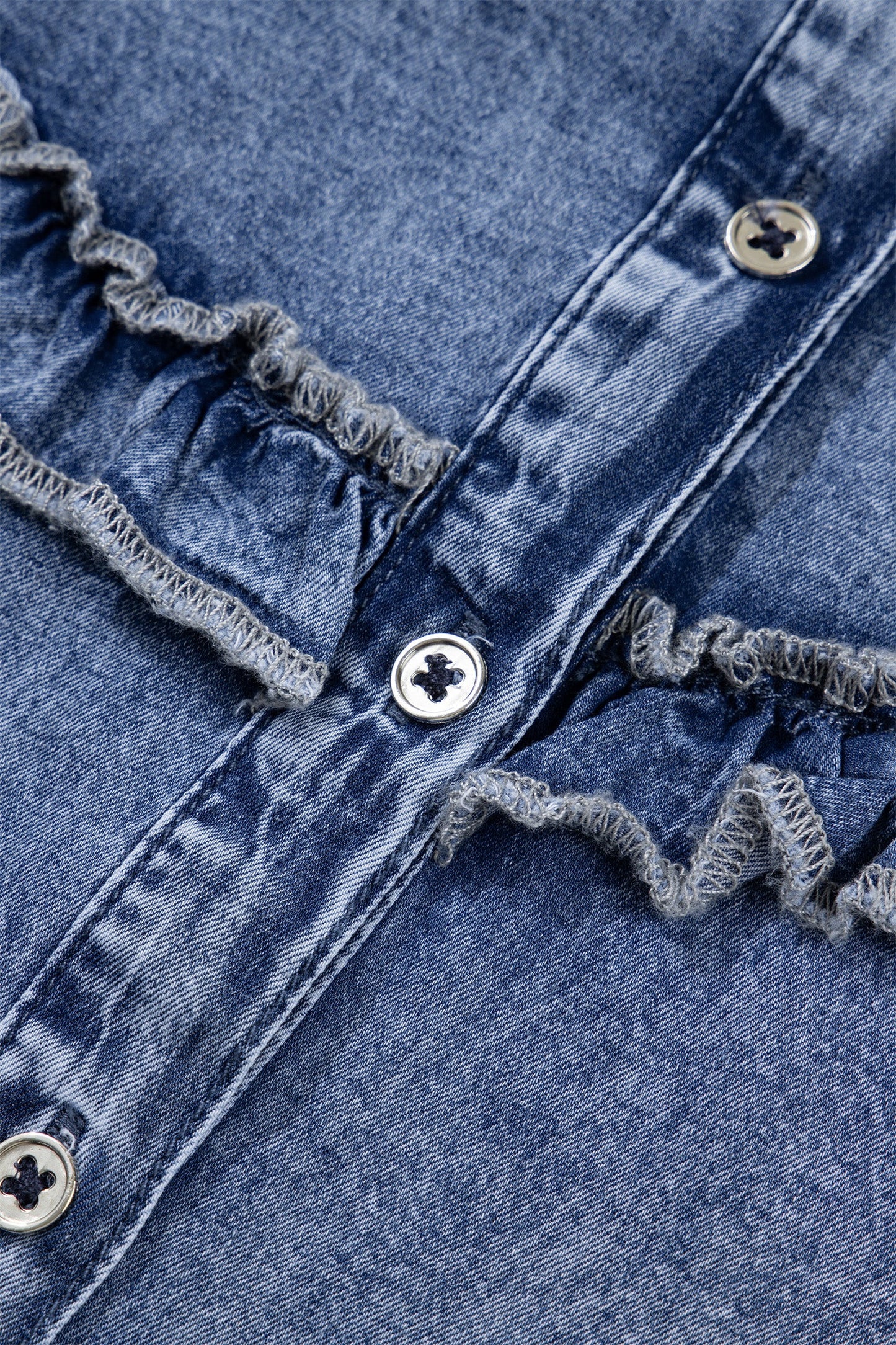 Dusk Blue Vintage Wash Denim Ruffle Detail Button Down Shirt