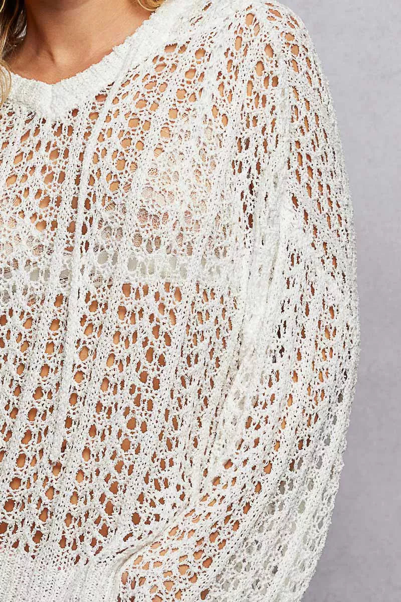 Openwork Round Neck High Low Knit Top