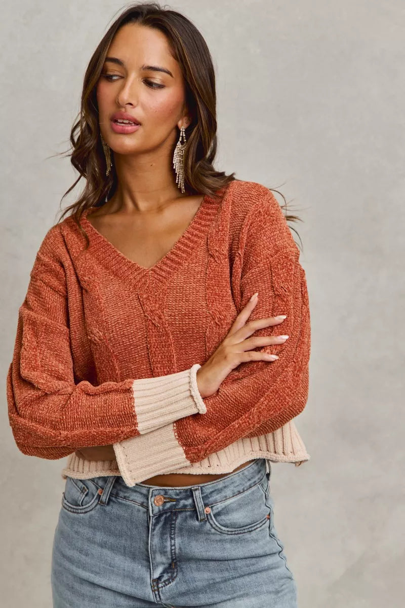 Chenille Cable Knit V Neck Contrast Cropped Sweater