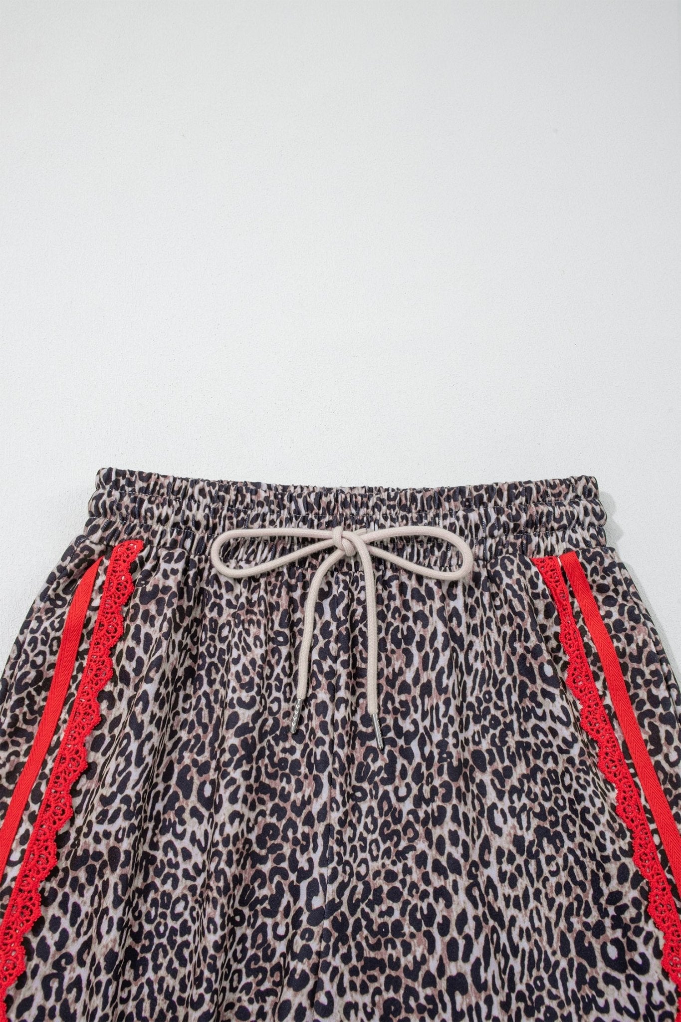 Brown Wild Leopard Print Contrast Lace Striped Detail Drawstring Pants - Loving It Shop