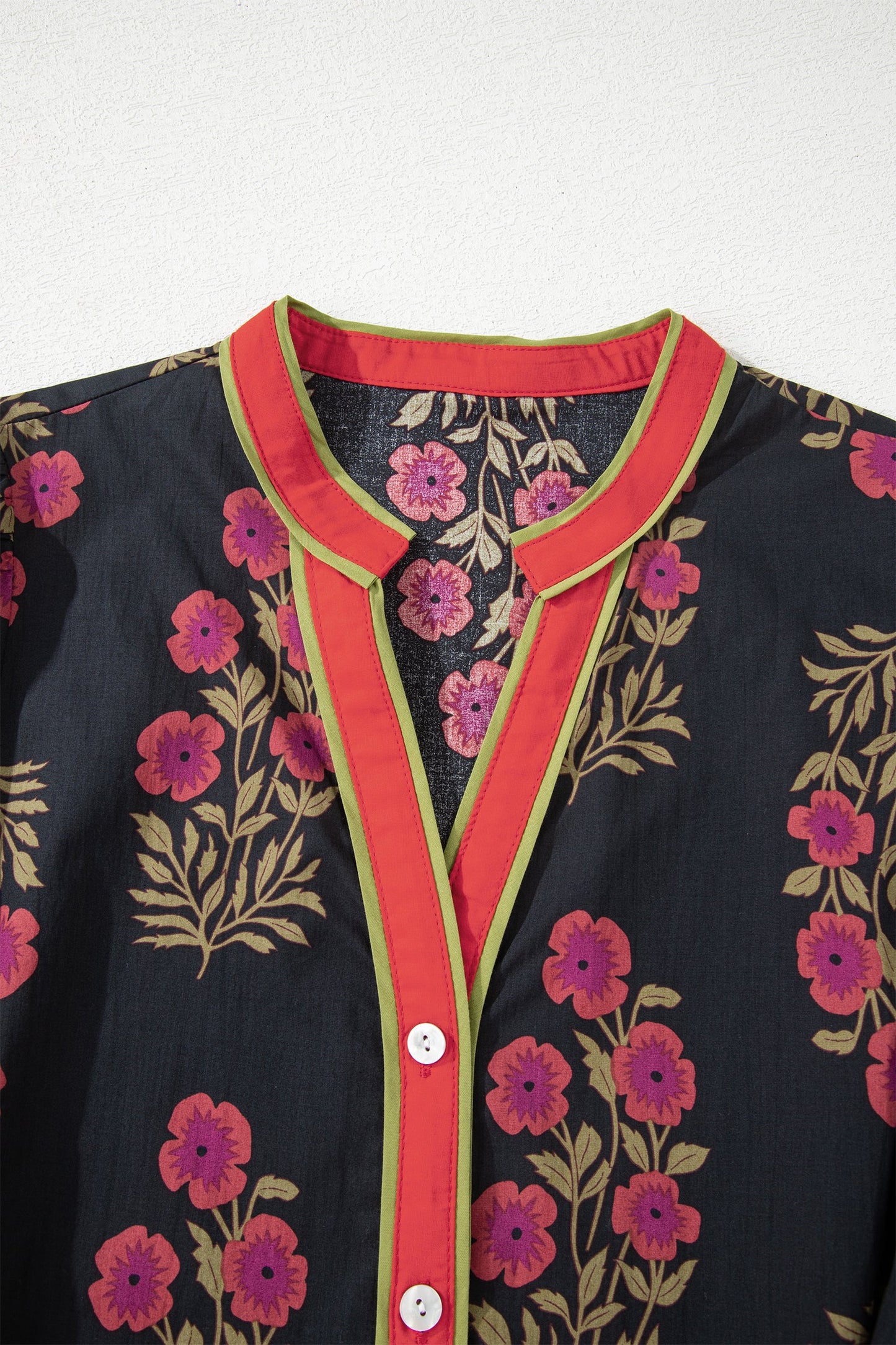Black Retro Floral Print Button Down Belted Short Puff Sleeve Mini Dress