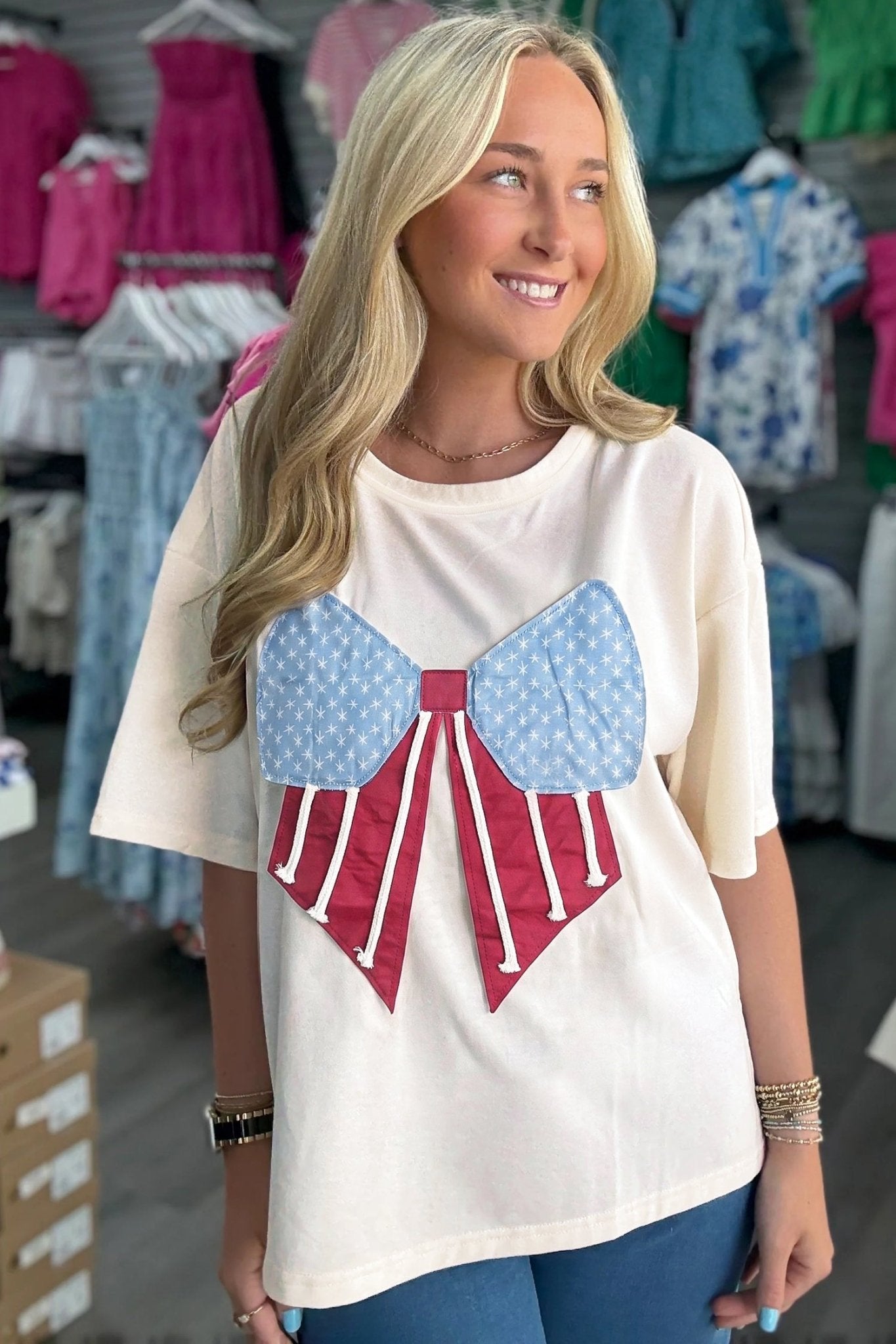 White Loose Knit Vintage Flag Bow Patched T Shirt - Loving It Shop