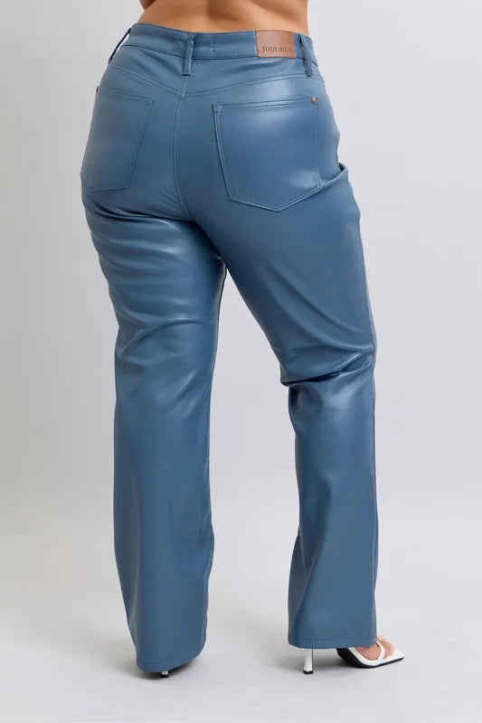 Full Size High Waist Tummy Control Faux Leather Bootcut Pants Plus Size