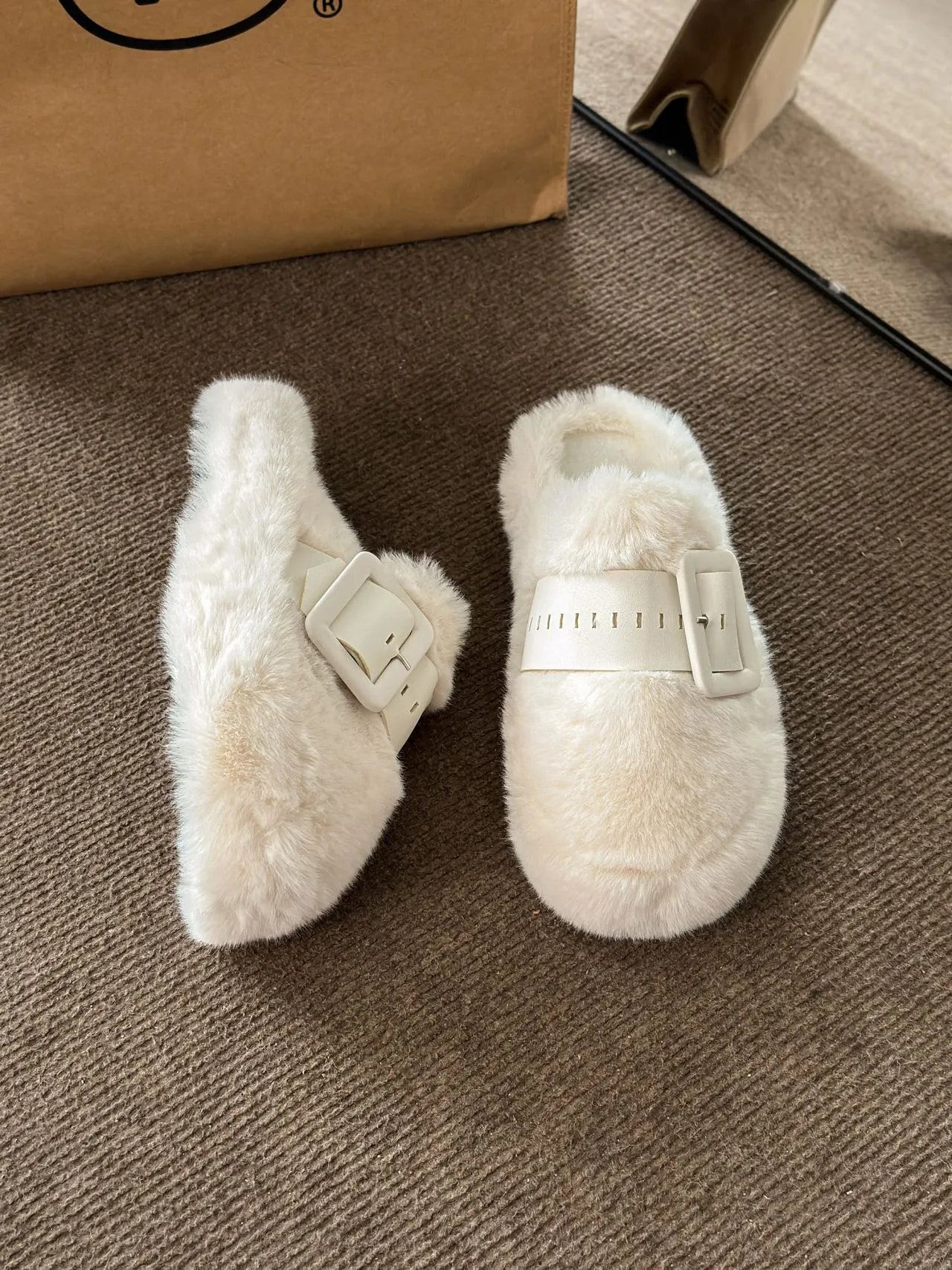 Faux Fur Buckle Slippers - Loving It Shop
