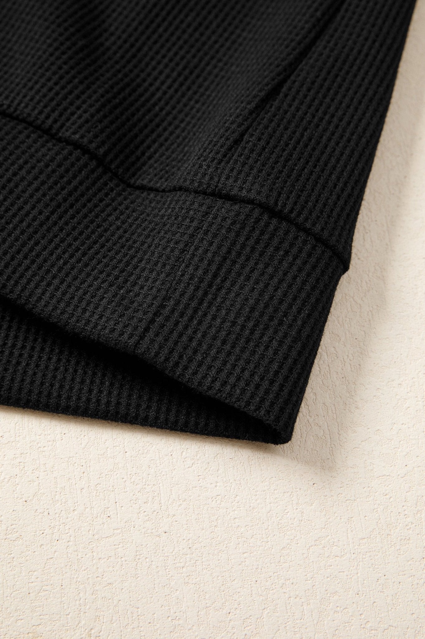 Black Waffle Knit Denim Color Block Patchwork Button Flap Polo Top - Loving It Shop
