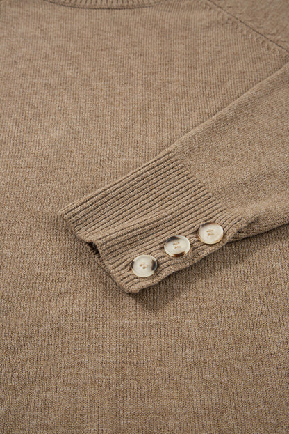 Camel Buttoned Bishop Sleeve Crew Neck Sweater