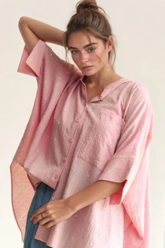 Davi &amp; Dani Rhinestone Pleat Back Short Sleeve Loose Fit Shirt