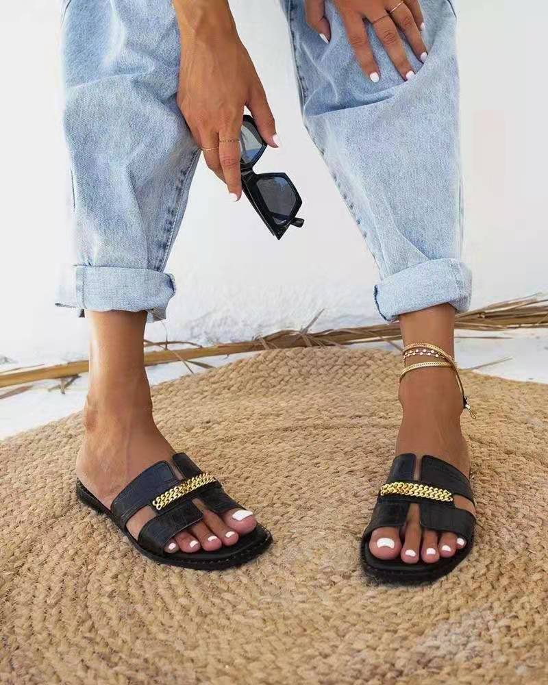 Beach Casual Flat Heel Chain One-line Women&