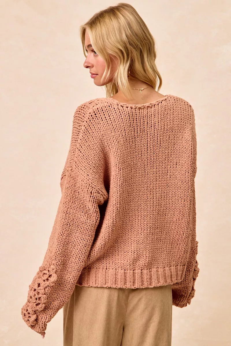 Chunky Knit Sweater with Flower Detail Sleeves
