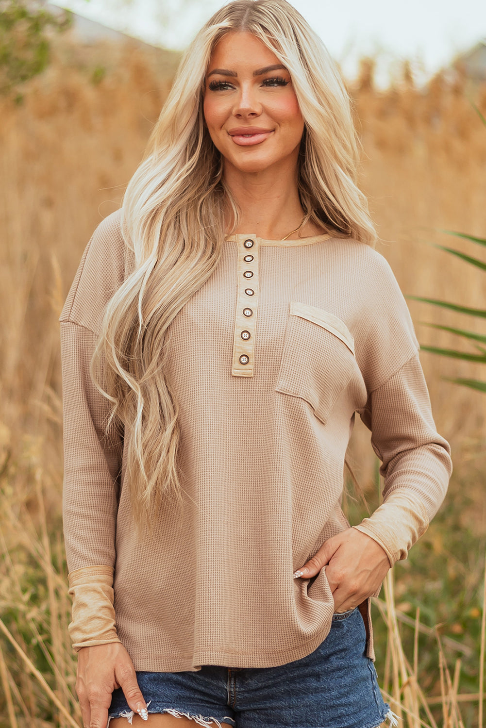 Dark Khaki Color Block Waffle Textured Tunic Henley Top with Slits