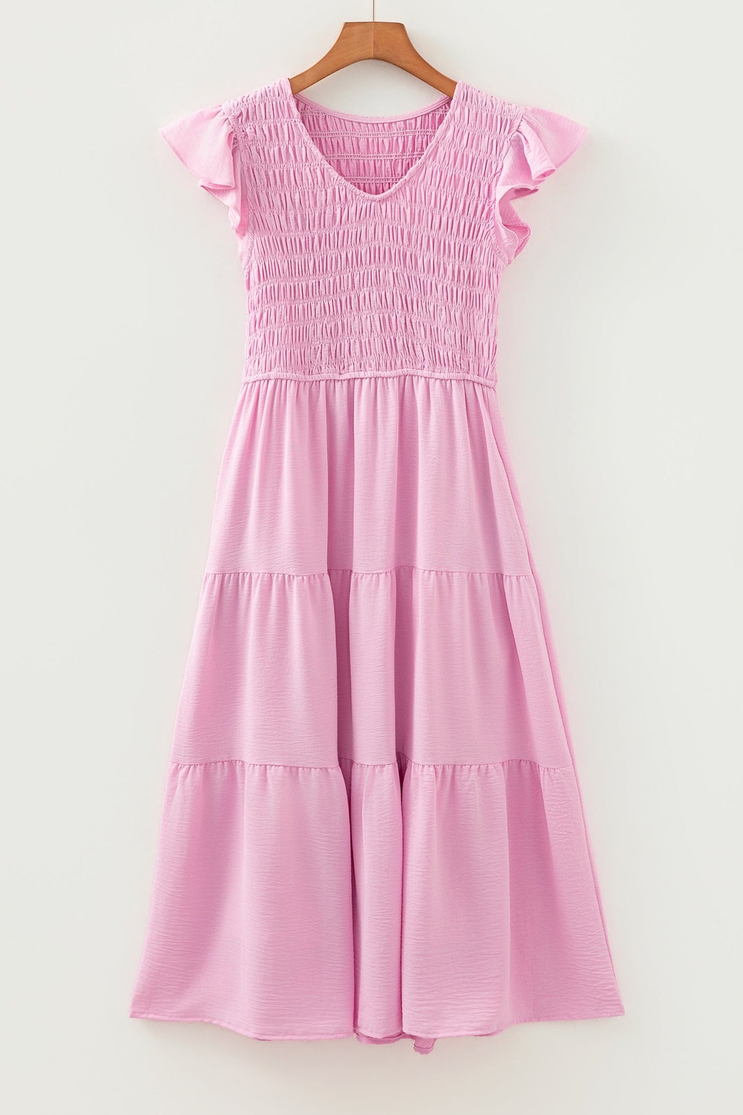 Pink Smocked Bodice Flutter Sleeve Fit Flare Tiered Midi Dress