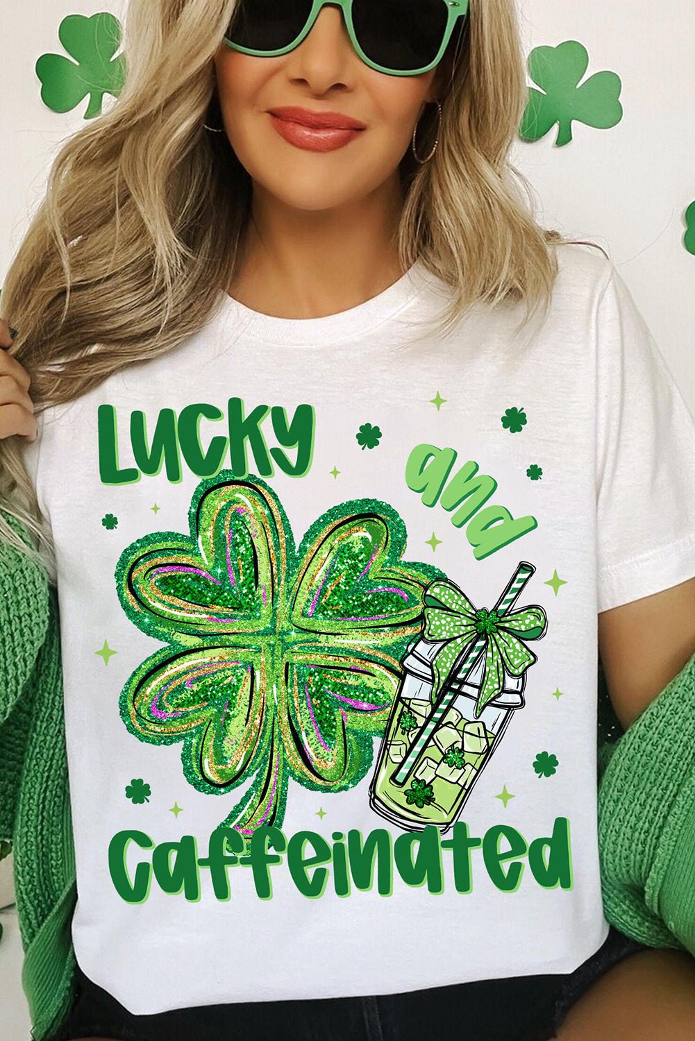 White Lucky and Caffeinated Clover Graphic St Patrick Tee - Loving It Shop