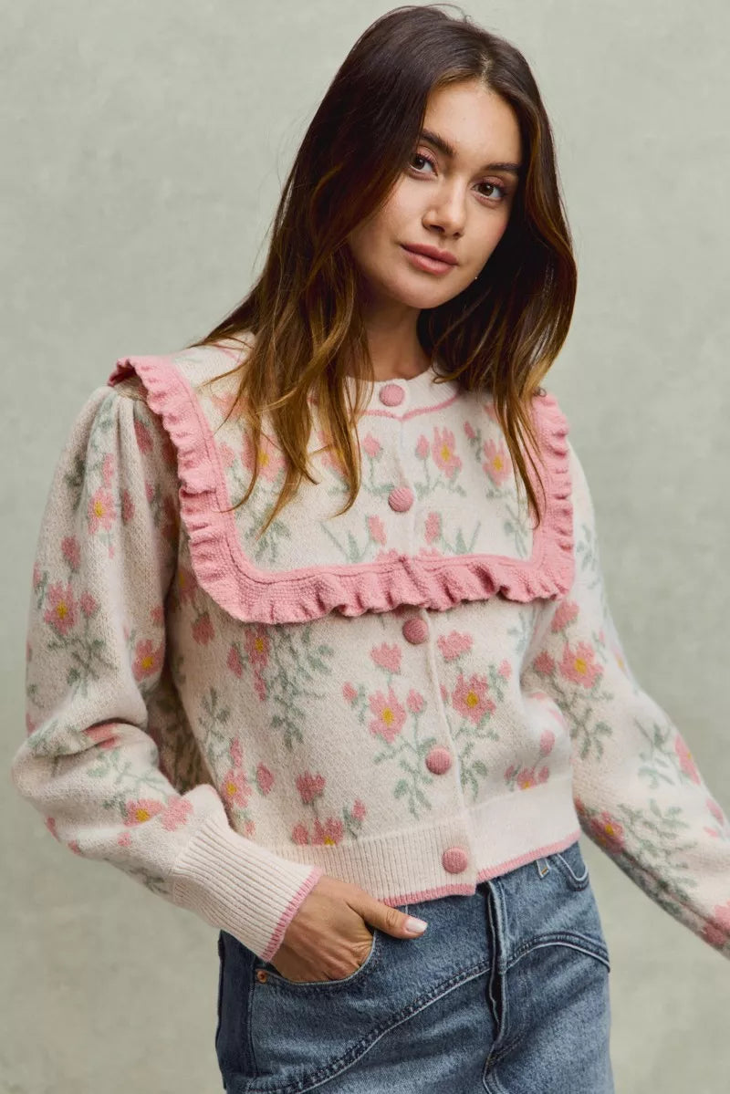 Flower With Ruffle Detailing Sweater Cardigan