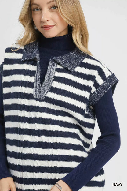 Cable Knit Collared Striped Vest Sweater