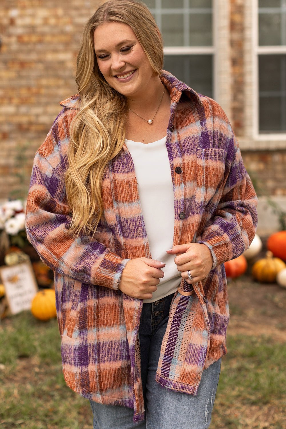 Multicolour Plus Size Plaid Print Collared Button up Jacket - Loving It Shop