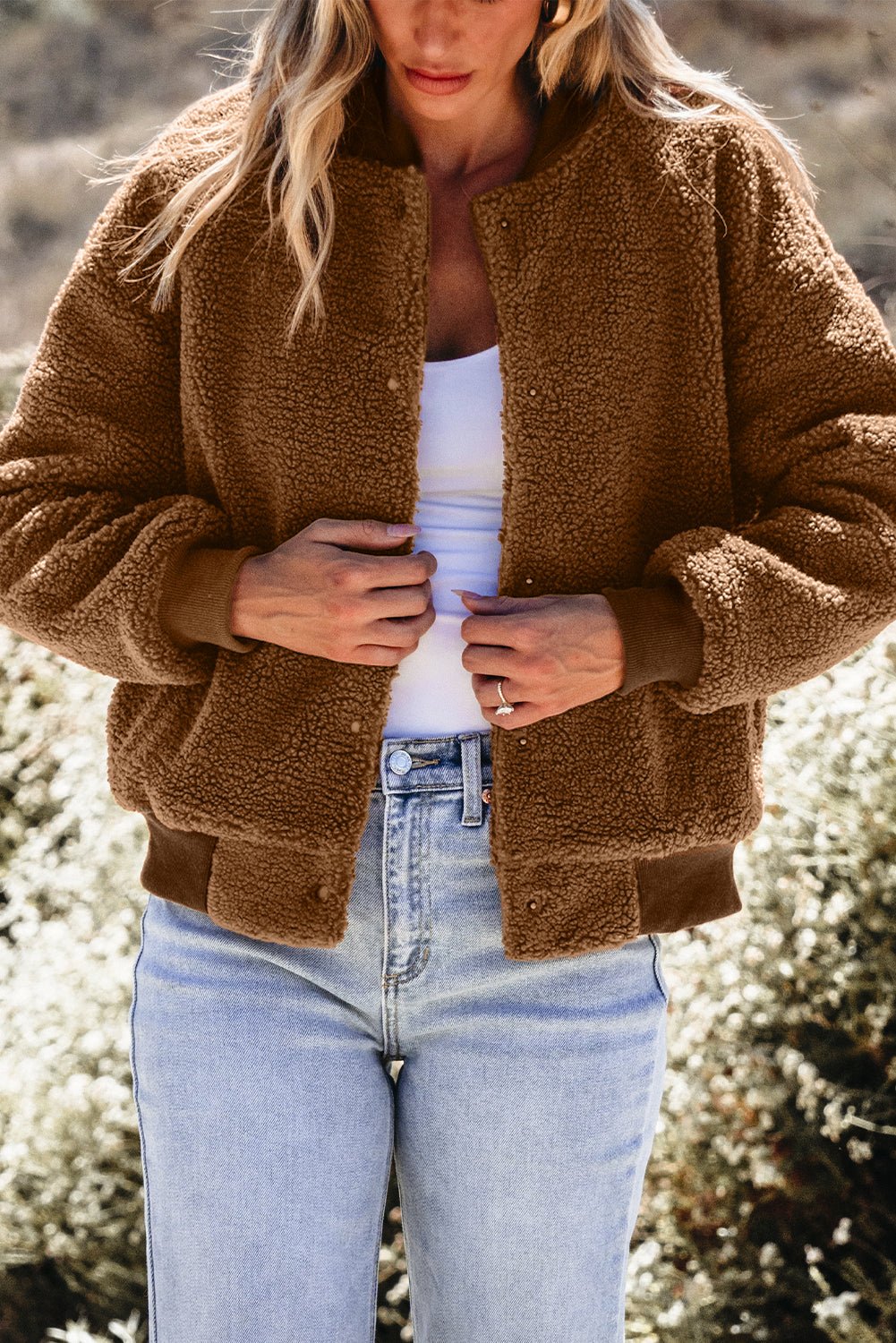 Redwood Burl Sherpa Ribbed Baseball Collar Bomber Jacket - Loving It Shop