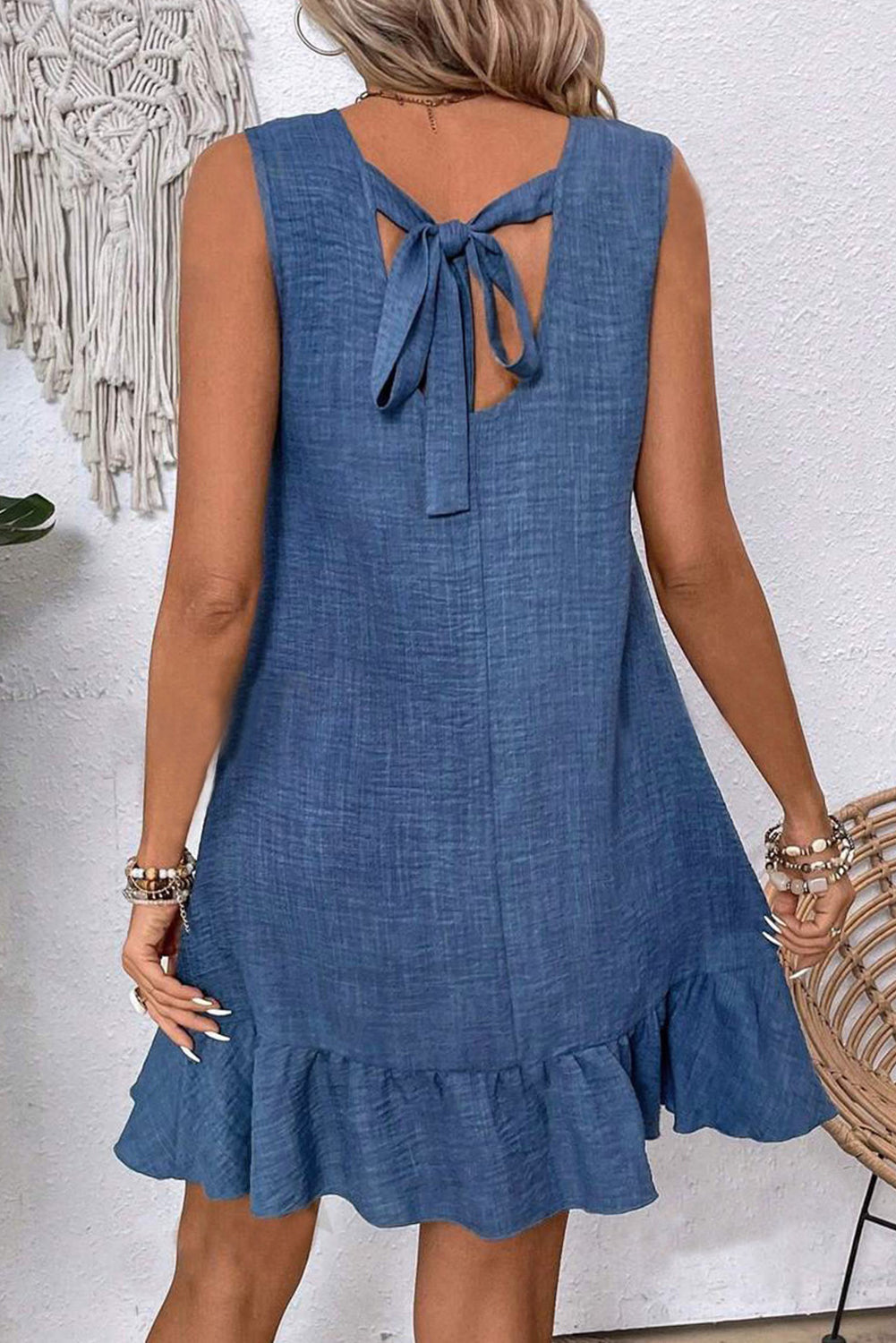Knot Scoop Back Ruffle Hem Sleeveless Mini Dress