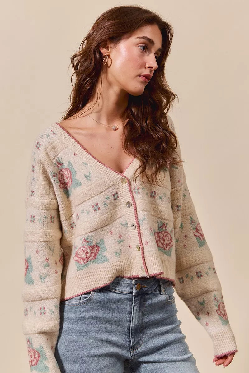 Floral Pattern Long Sleeve Button Sweater Cardigan