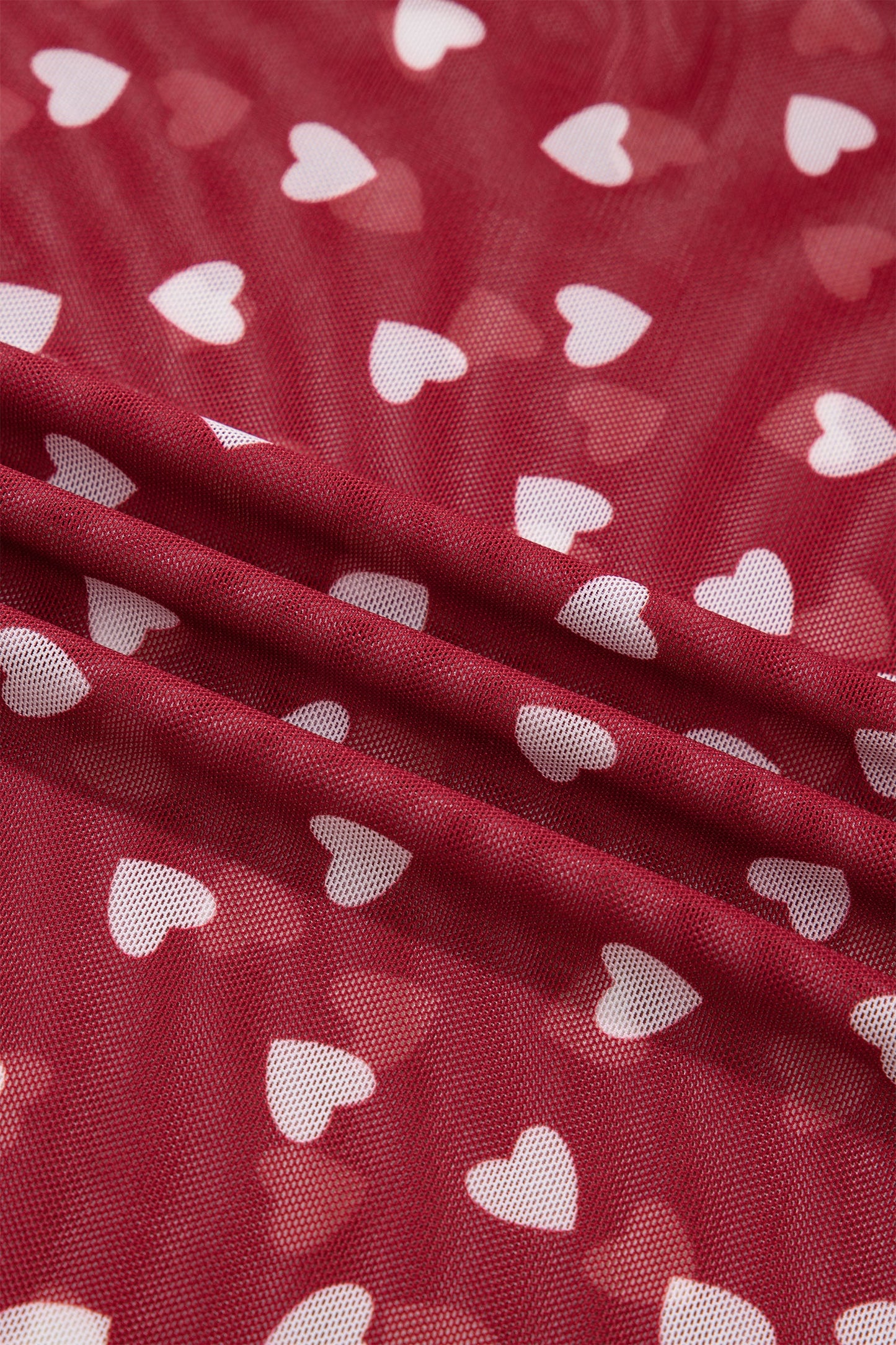 Racing Red Allover Heart Print Mesh Short Sleeve Top