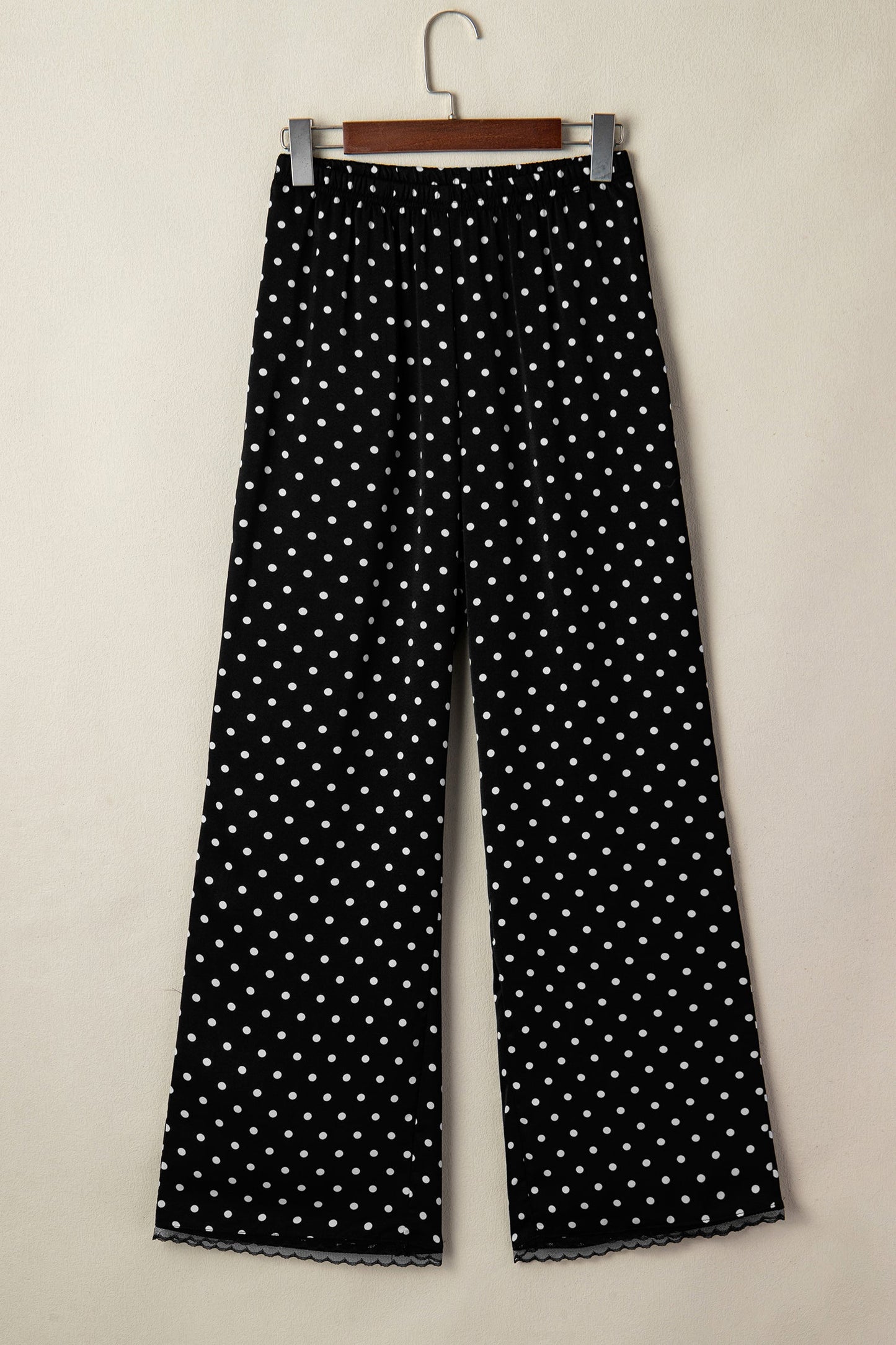 Black Polka Dot Print Elastic Waist Lace Hem Loose Pants