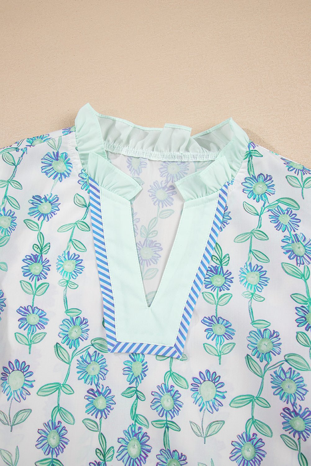 Green Floral Print Striped Detail Contrast V Neck Patchwork Flutter Sleeve Blouse - Loving It Shop