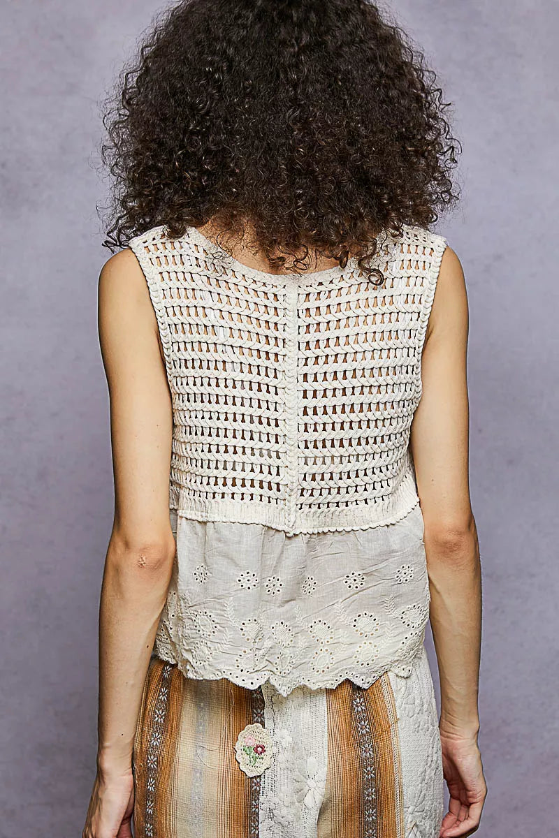 Sleeveless Flowy Fit Crochet Top with Scalloped Border Accents