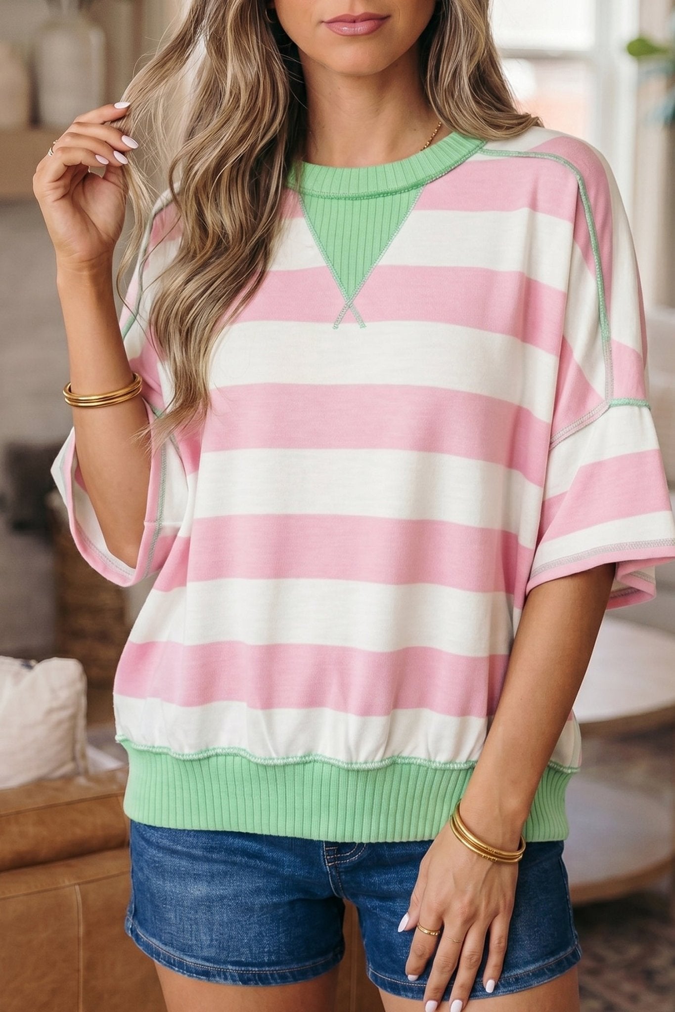 Pink Stripe Exposed Seam Ribbed Patchwork Oversized Tee - Loving It Shop