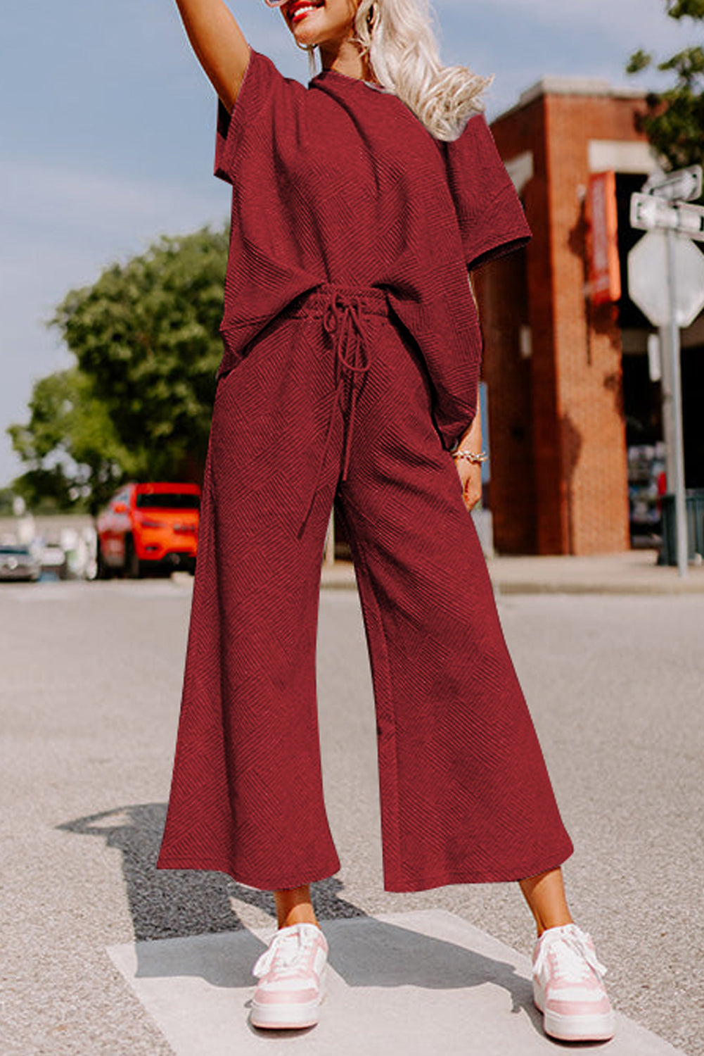 Strawberry Pink Textured Loose Fit T Shirt & Drawstring Pants Set