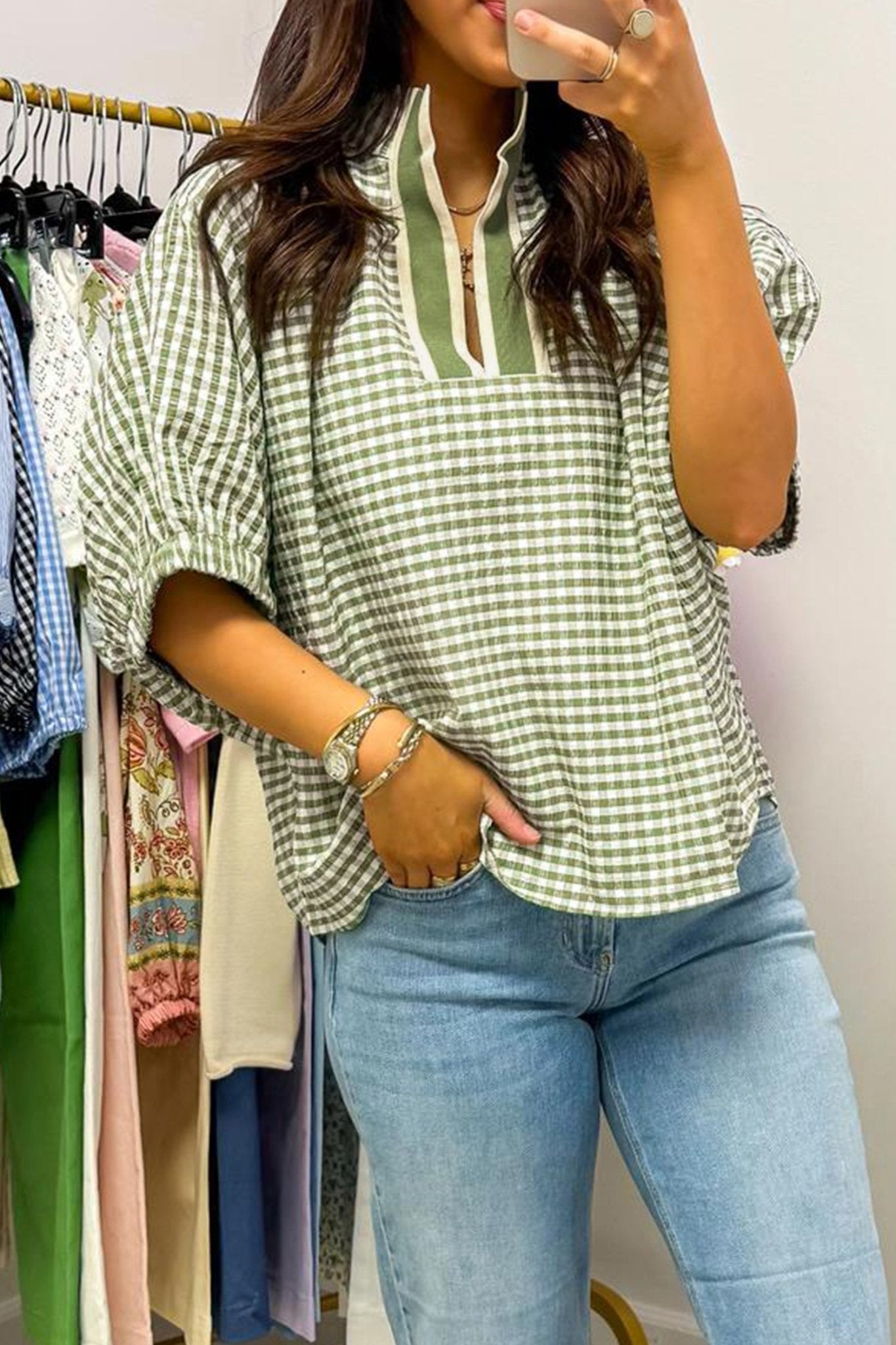 Green Plaid Short Sleeve Colorblock Trim Split Neck Blouse - Loving It Shop