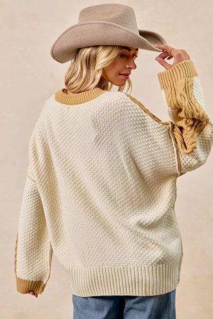 Cable Knit With Hacci Combo Sweater With Uneven Hem Detail