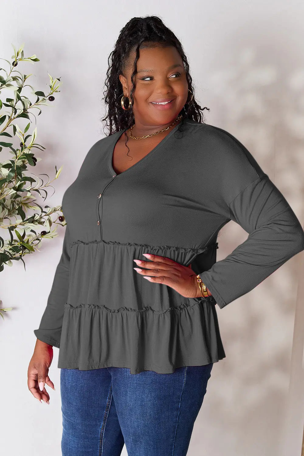 I am a Fashion Junky Take Half Button Long Sleeve Ruffle Hem Blouse