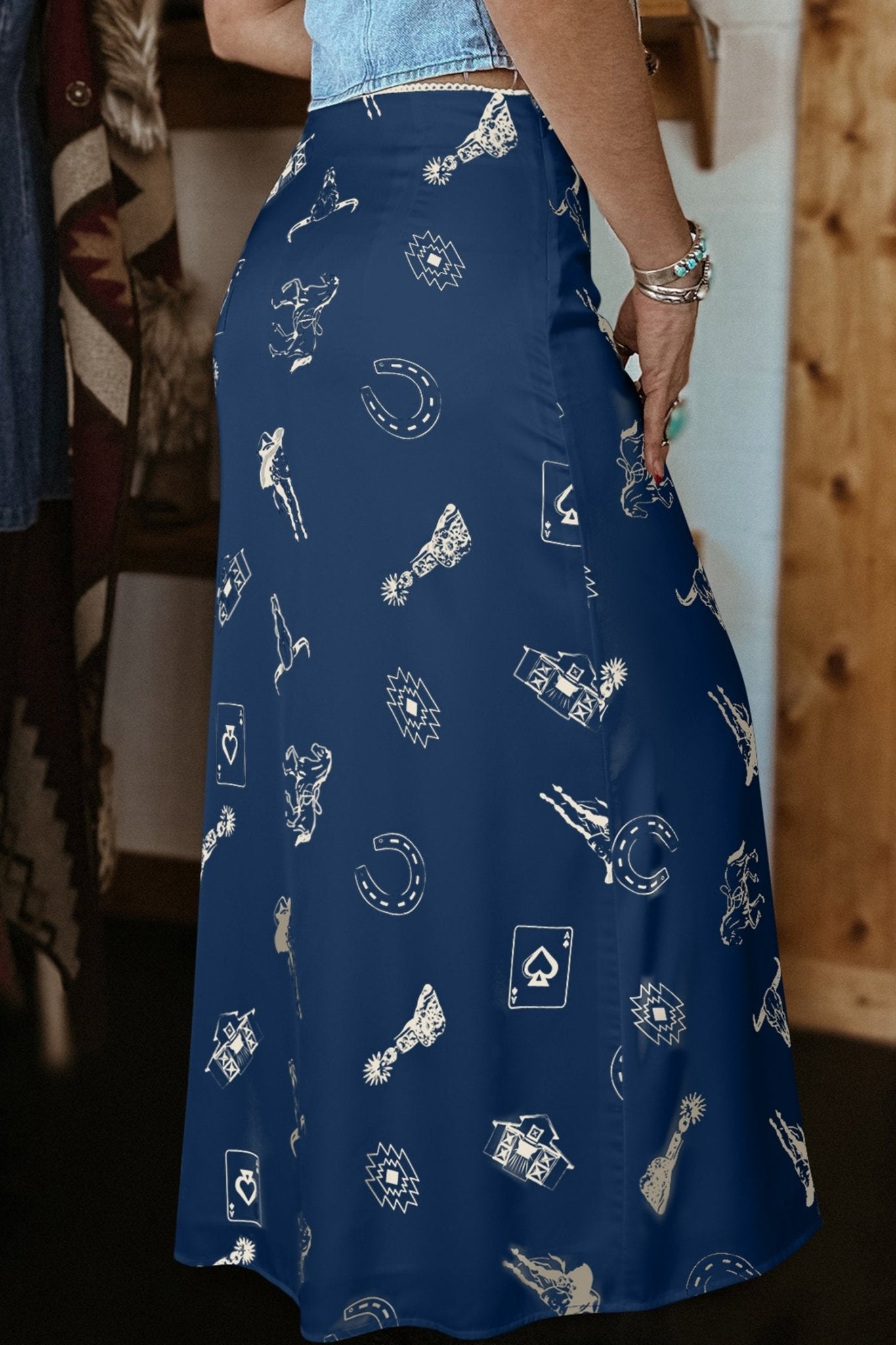 Navy Blue Western Print Satin Long Skirt - Loving It Shop