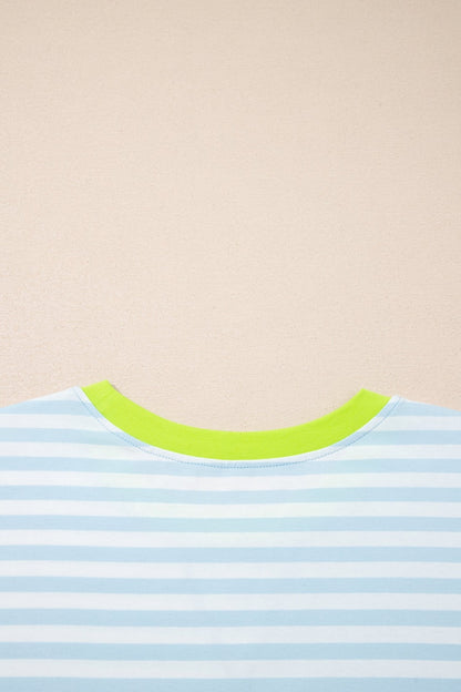 Sky Blue Stripe Contrast Neck Loose Tee and Drawstring Shorts Set - Loving It Shop