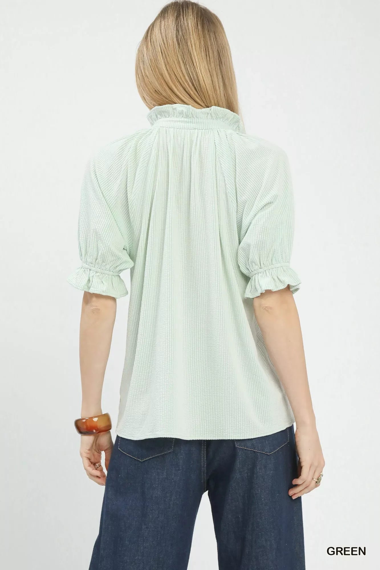 Textured Ruffle Sleeve V-Neck Top