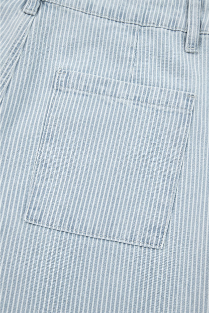 Sky Blue Stripe Button Flap Pocket Cuffed Hem Wide Leg Jeans