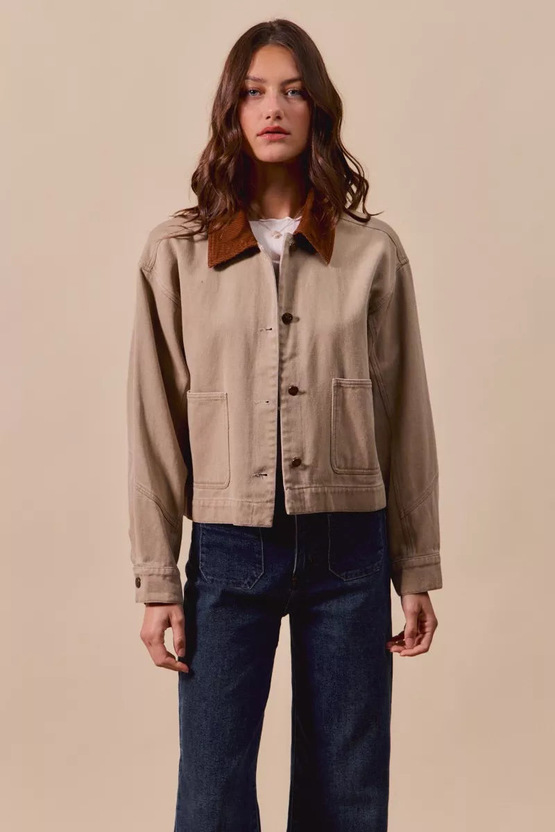 Cotton Twill Cropped Barn Jacket wtih Collar
