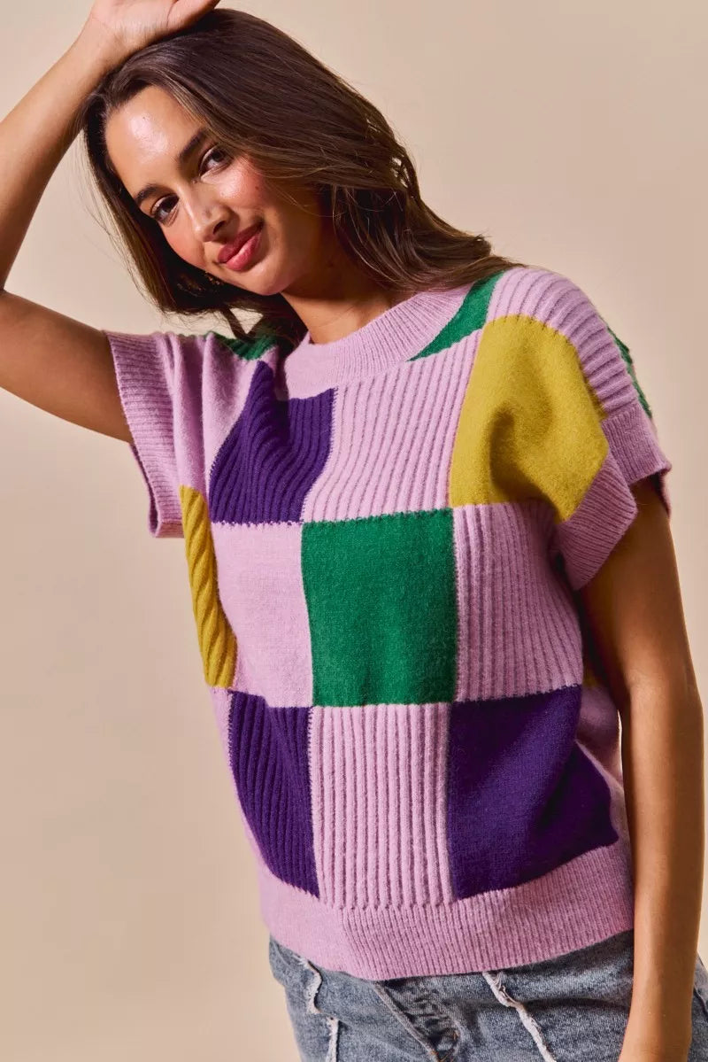 Mardi Gras Check Plaid Casual Sweater Top