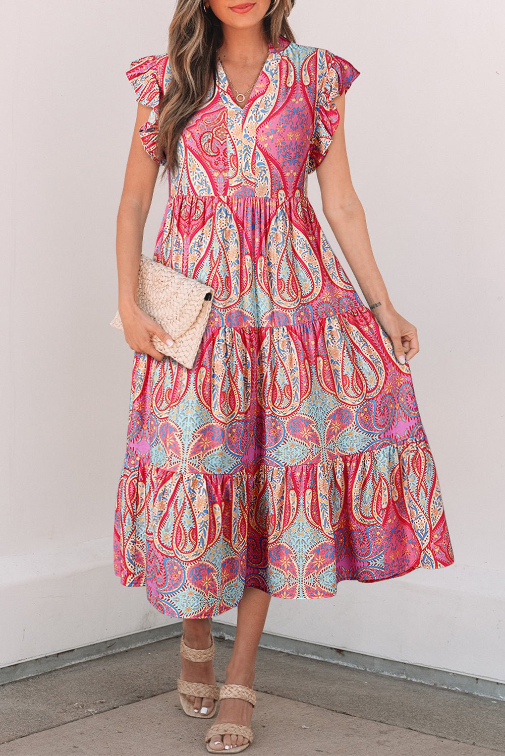 Rose Tribal Paisley Print Ruffled Sleeve Notch Neck Midi Dress - Loving It Shop